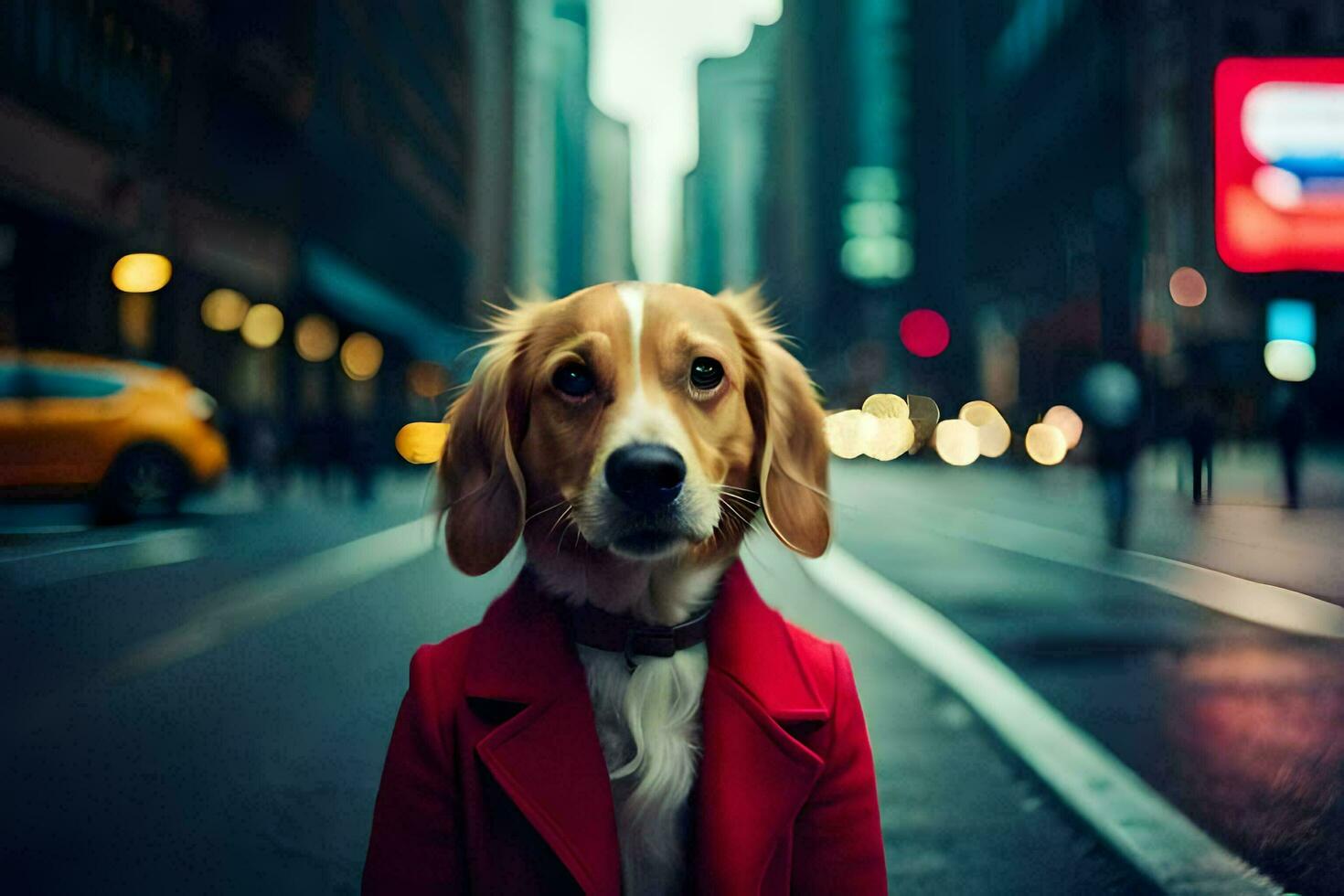 een hond vervelend een rood jas staand Aan de straat. ai-gegenereerd foto