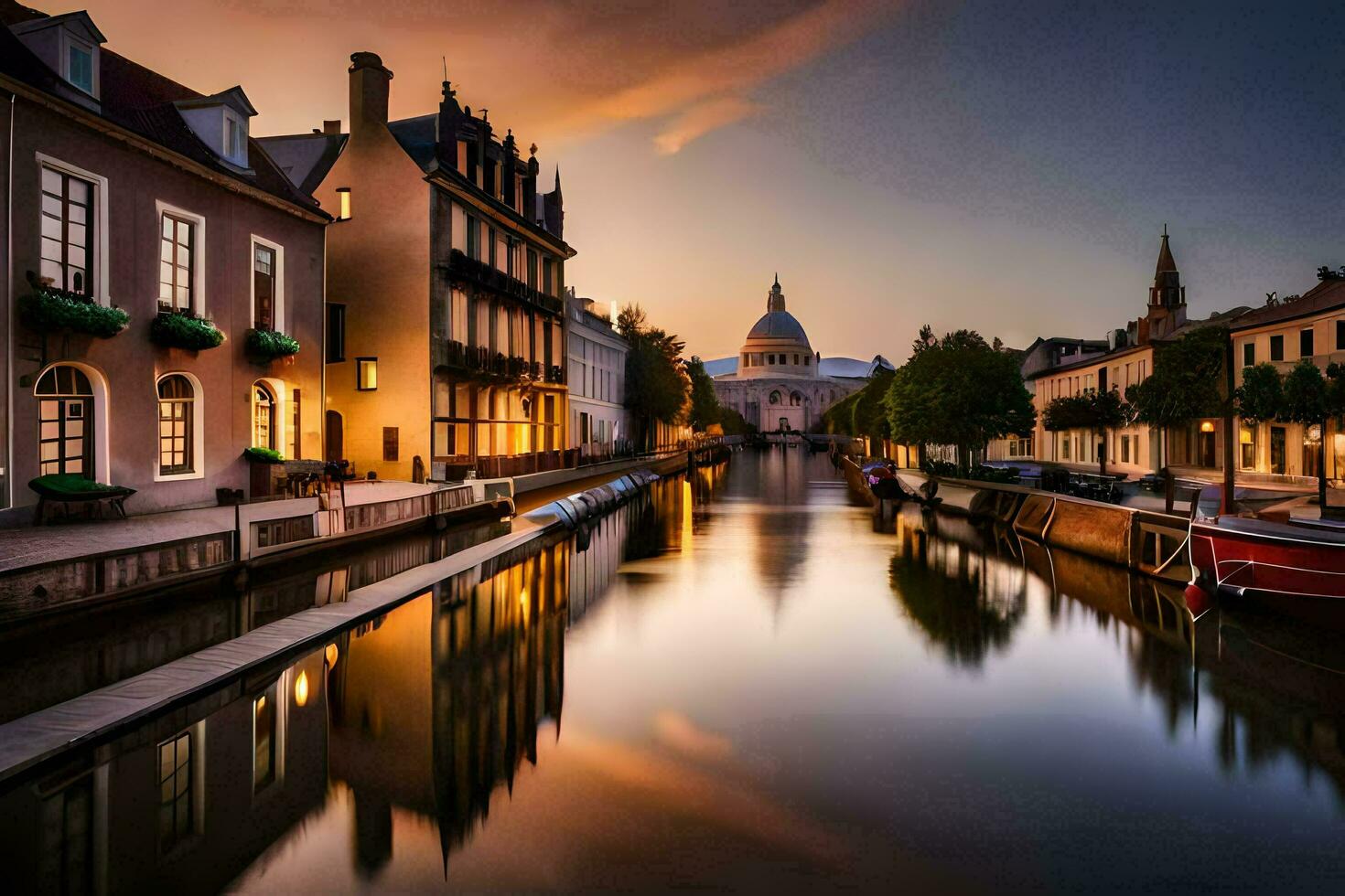 de kanaal in de stad Bij zonsondergang. ai-gegenereerd foto