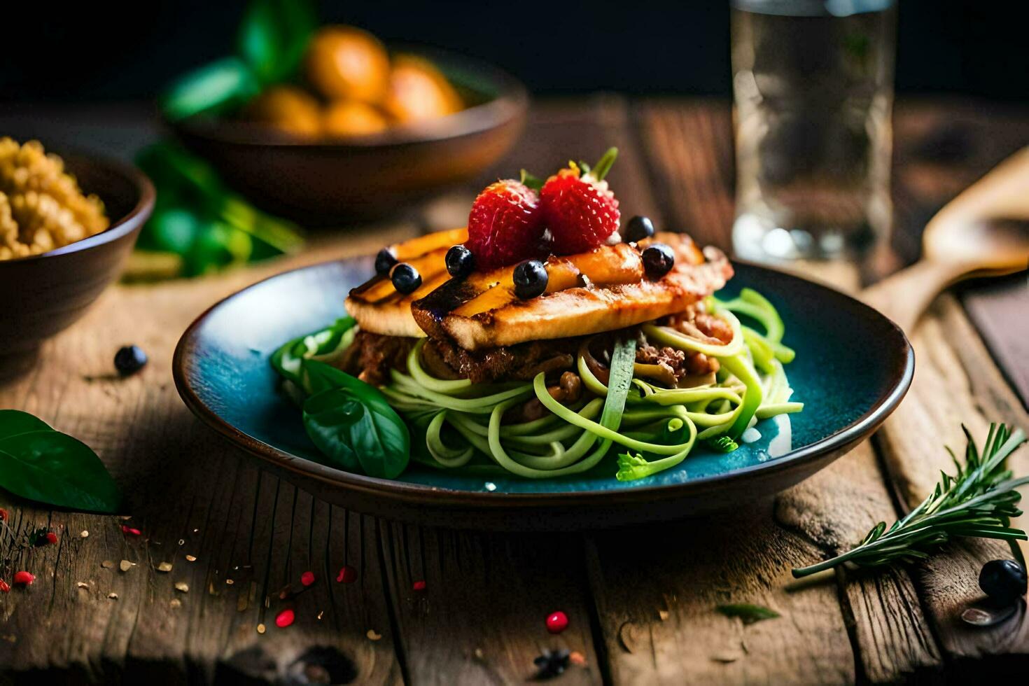 een bord van voedsel met pasta en bessen. ai-gegenereerd foto