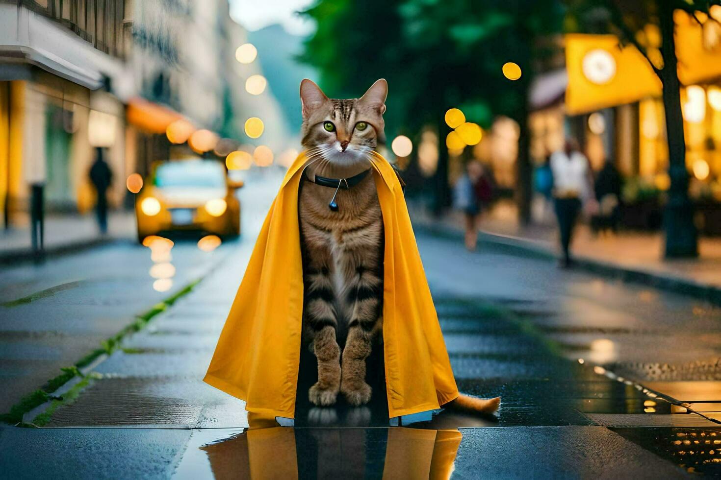 een kat vervelend een geel kaap Aan een regenachtig straat. ai-gegenereerd foto