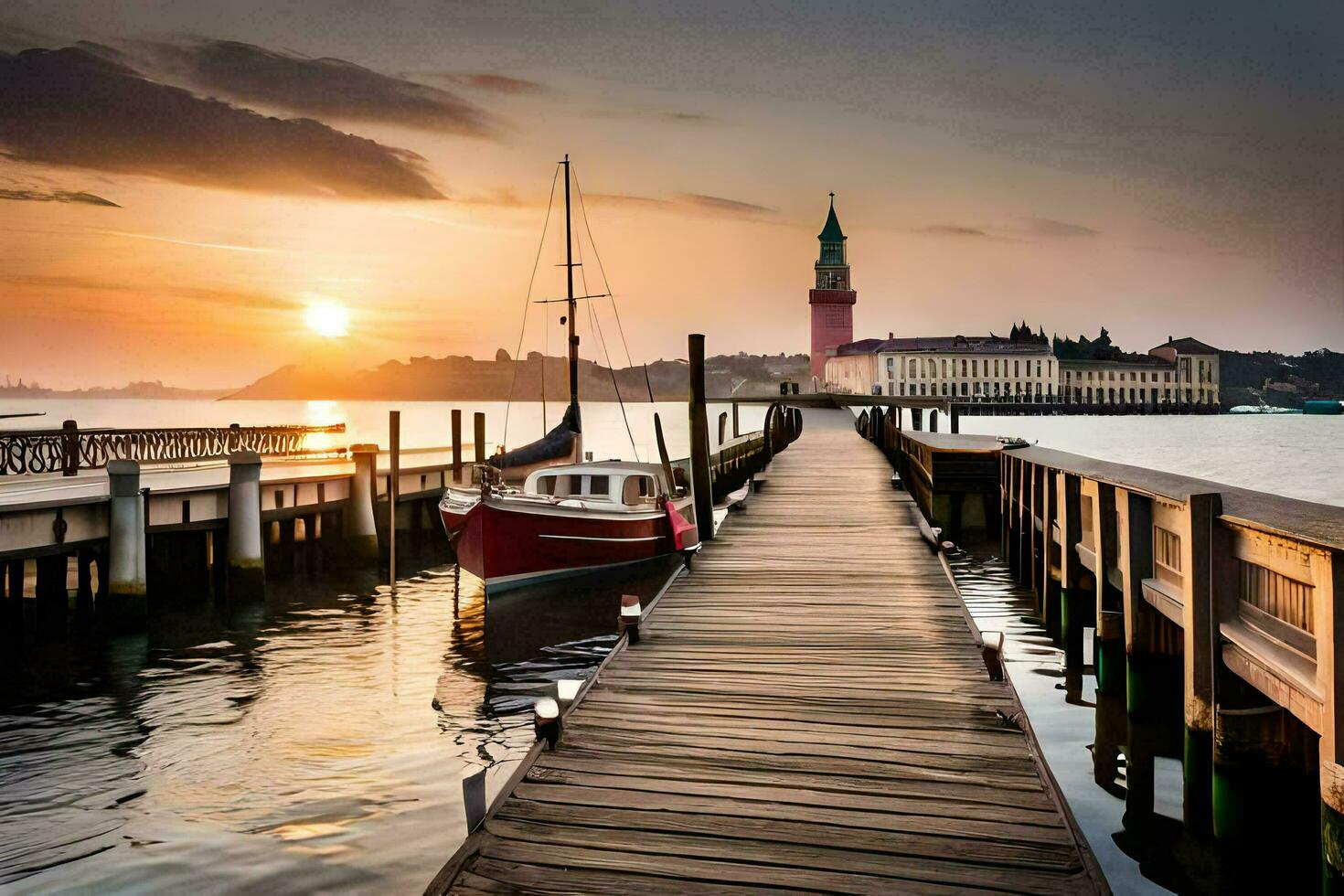 een boot is aangemeerd Bij de einde van een pier Bij zonsondergang. ai-gegenereerd foto