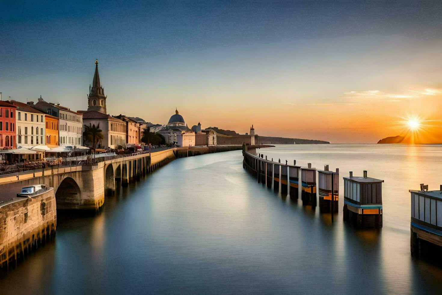 de zon sets over- de water in een stad. ai-gegenereerd foto