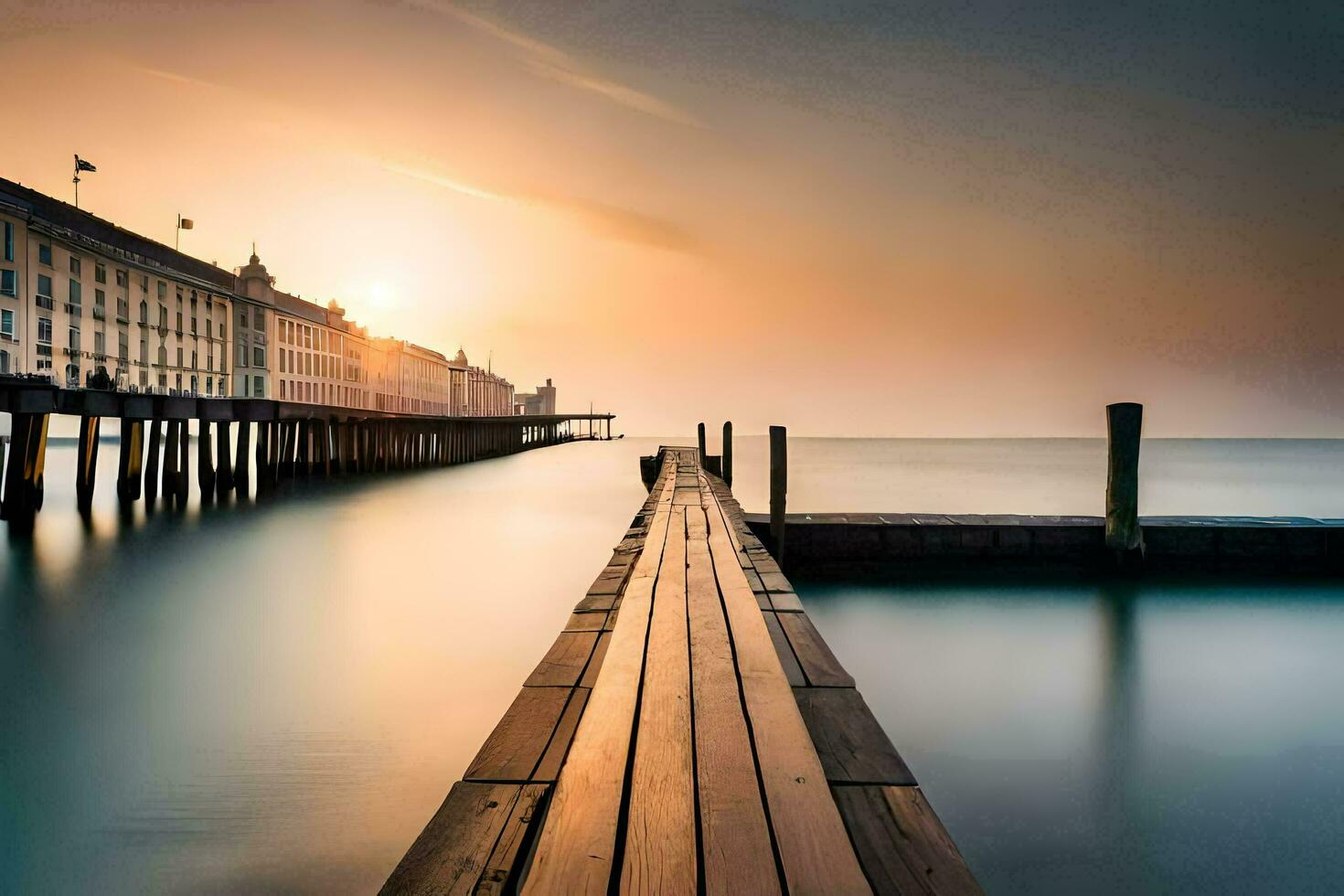 een lang blootstelling fotograaf van een pier Bij zonsondergang. ai-gegenereerd foto