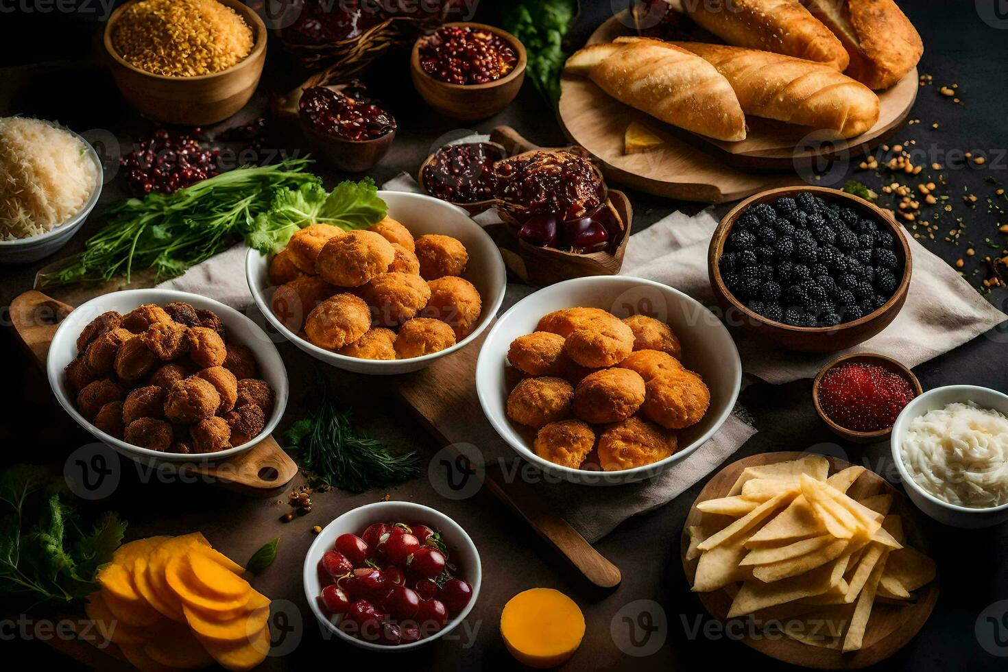 divers voedingsmiddelen inclusief brood, kaas, fruit en groenten. ai-gegenereerd foto