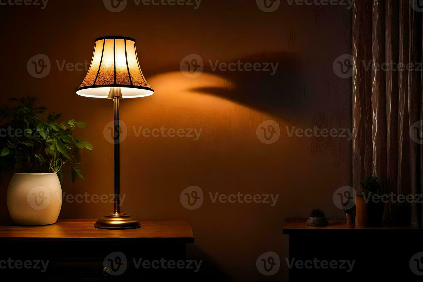 een lamp Aan een tafel in voorkant van een fabriek. ai-gegenereerd foto