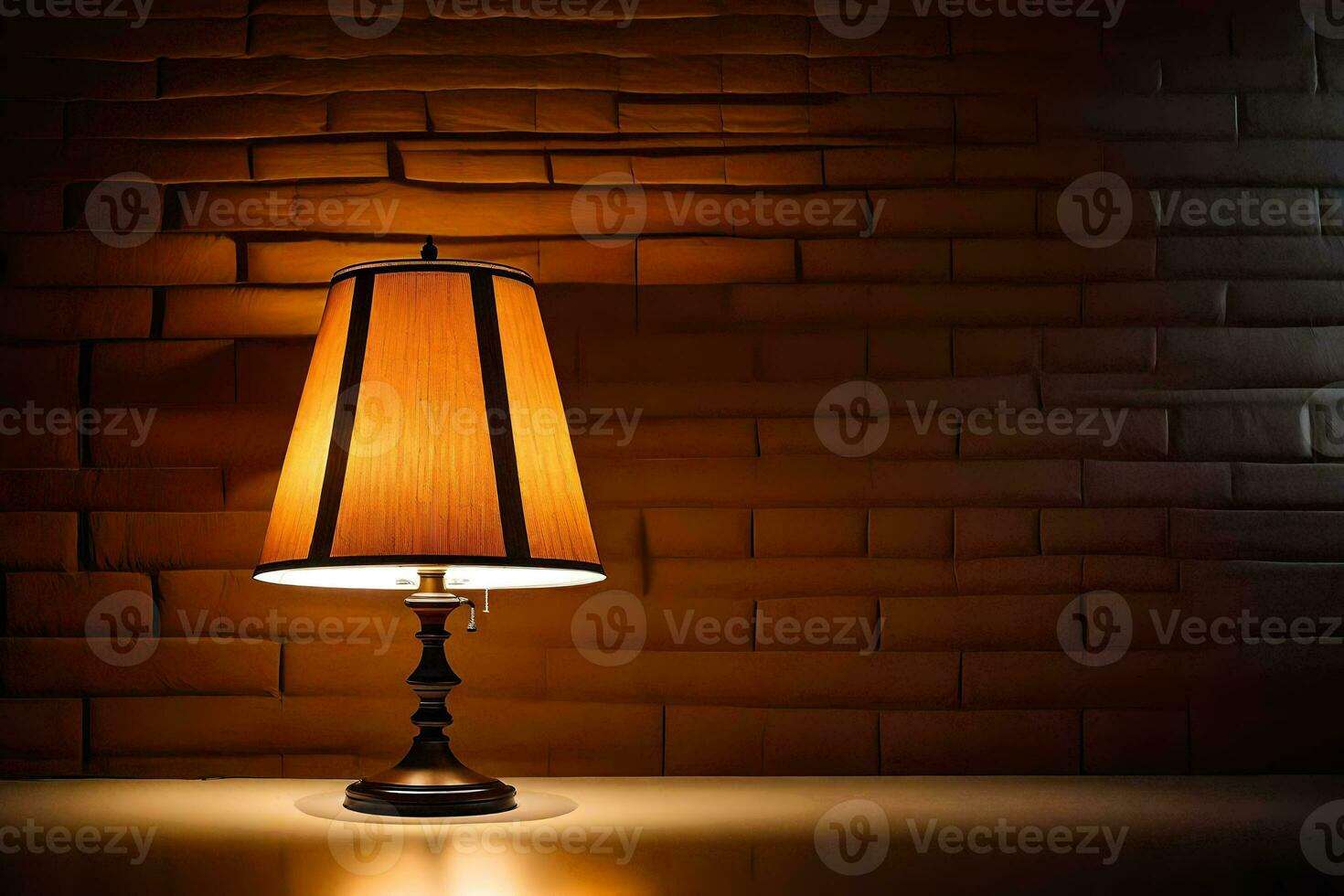 een lamp Aan een tafel in voorkant van een steen muur. ai-gegenereerd foto