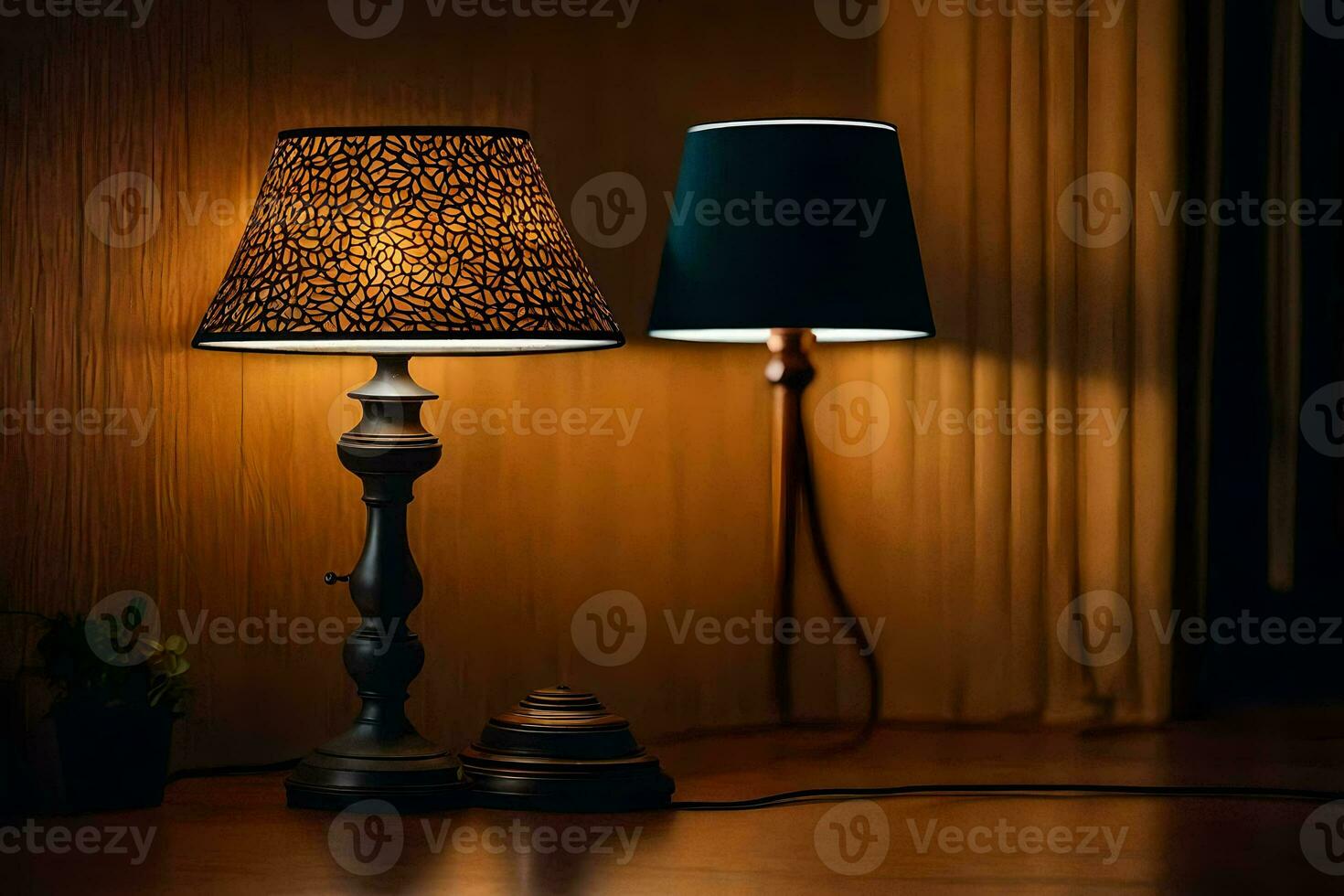 een lamp en een lamp schaduw Aan een tafel. ai-gegenereerd foto