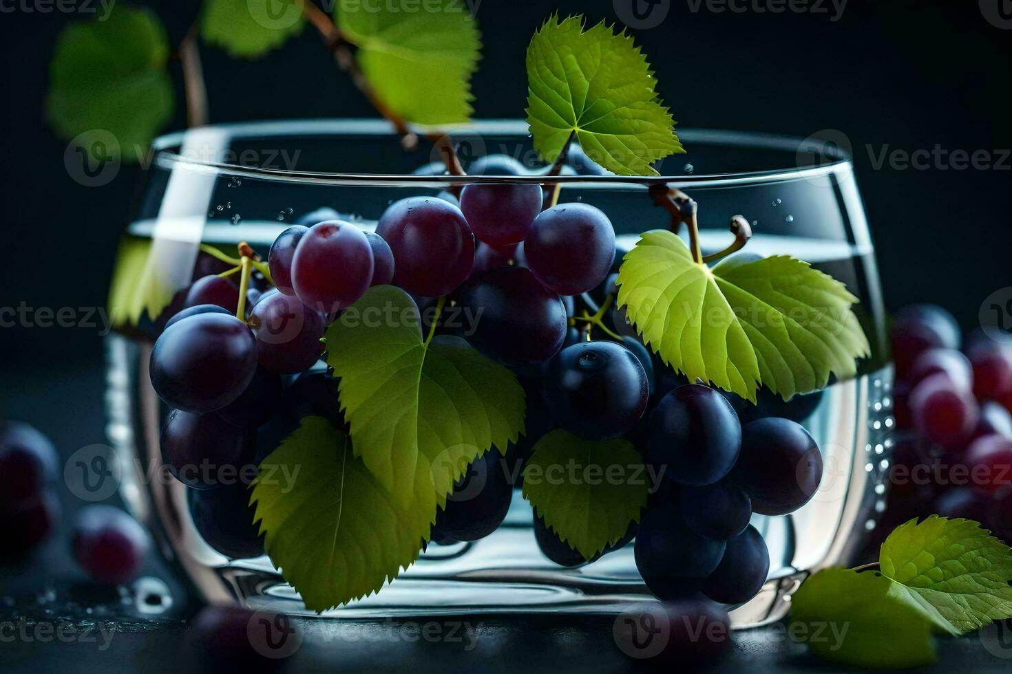 druiven in een glas van water. ai-gegenereerd foto