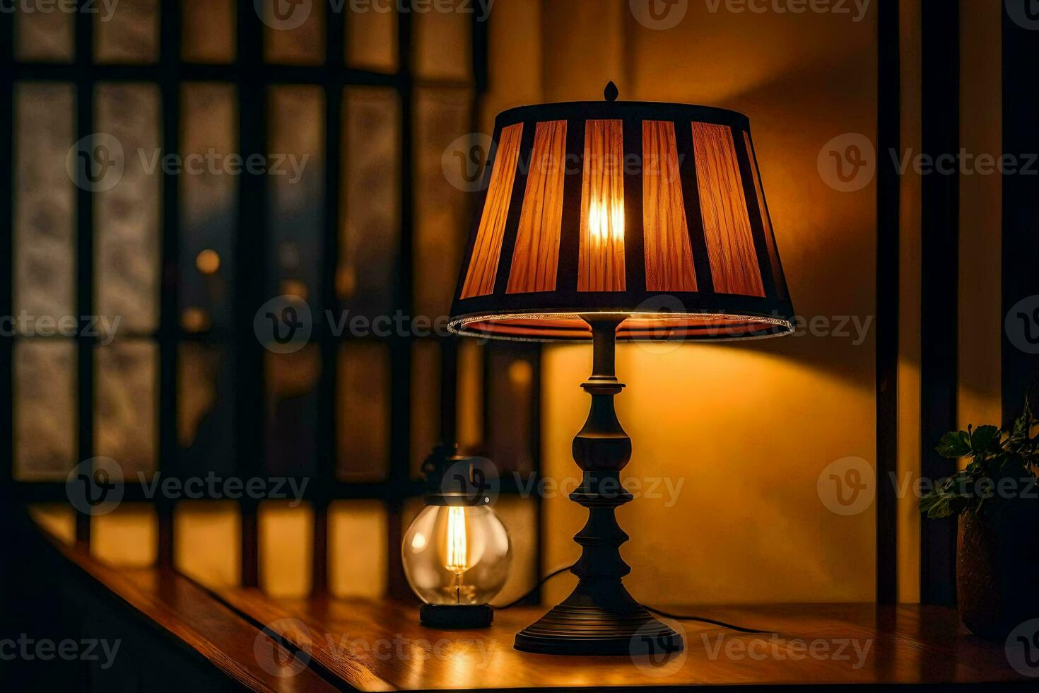 een lamp Aan een tafel in een donker kamer. ai-gegenereerd foto
