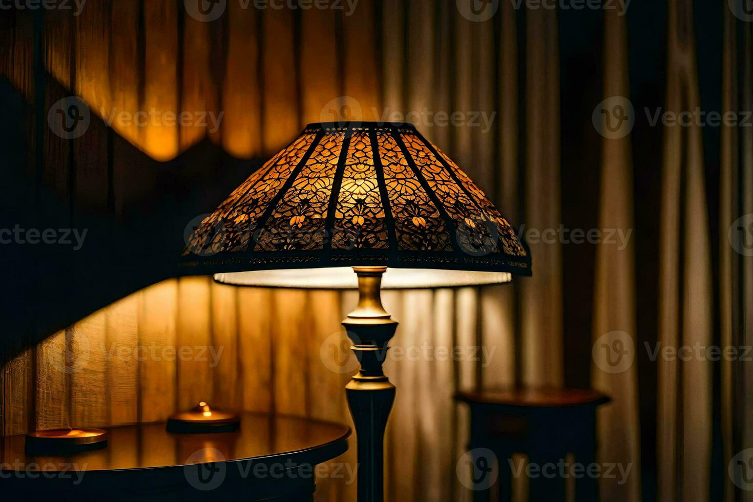 een lamp Aan een tafel in een donker kamer. ai-gegenereerd foto