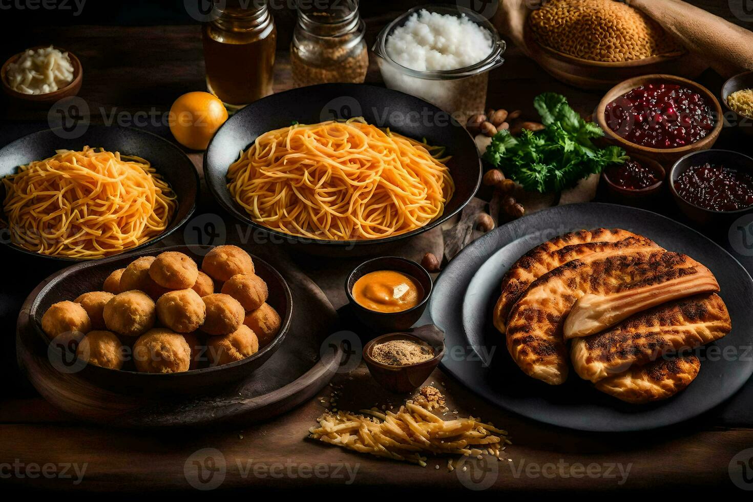 een verscheidenheid van voedsel Aan een houten tafel. ai-gegenereerd foto