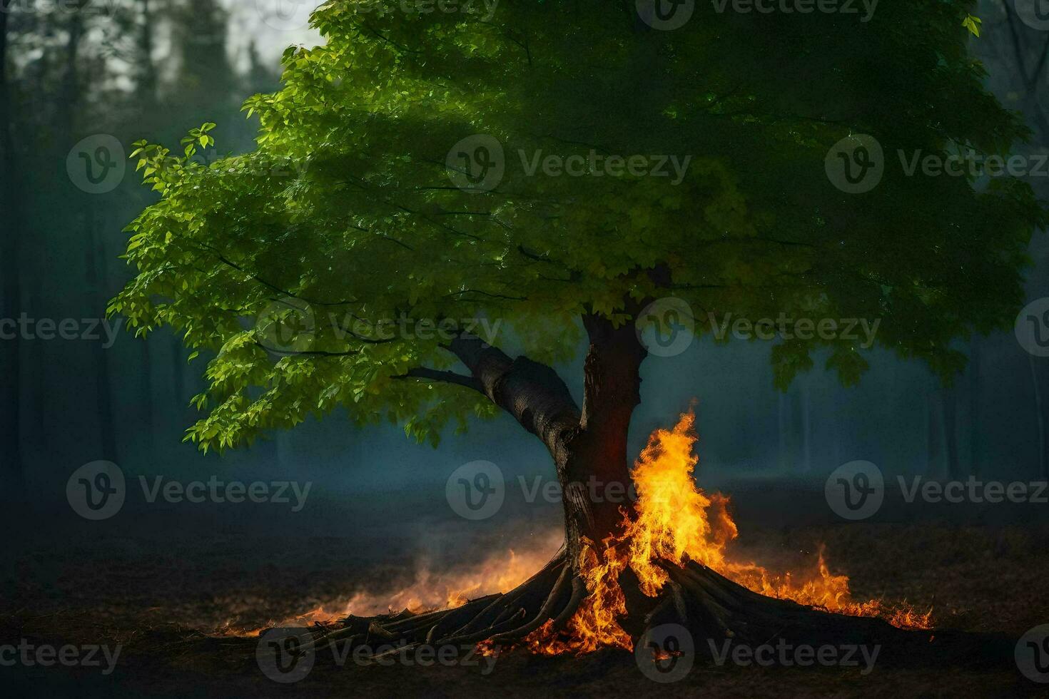 een boom met brand komt eraan uit van het in de midden- van een Woud. ai-gegenereerd foto