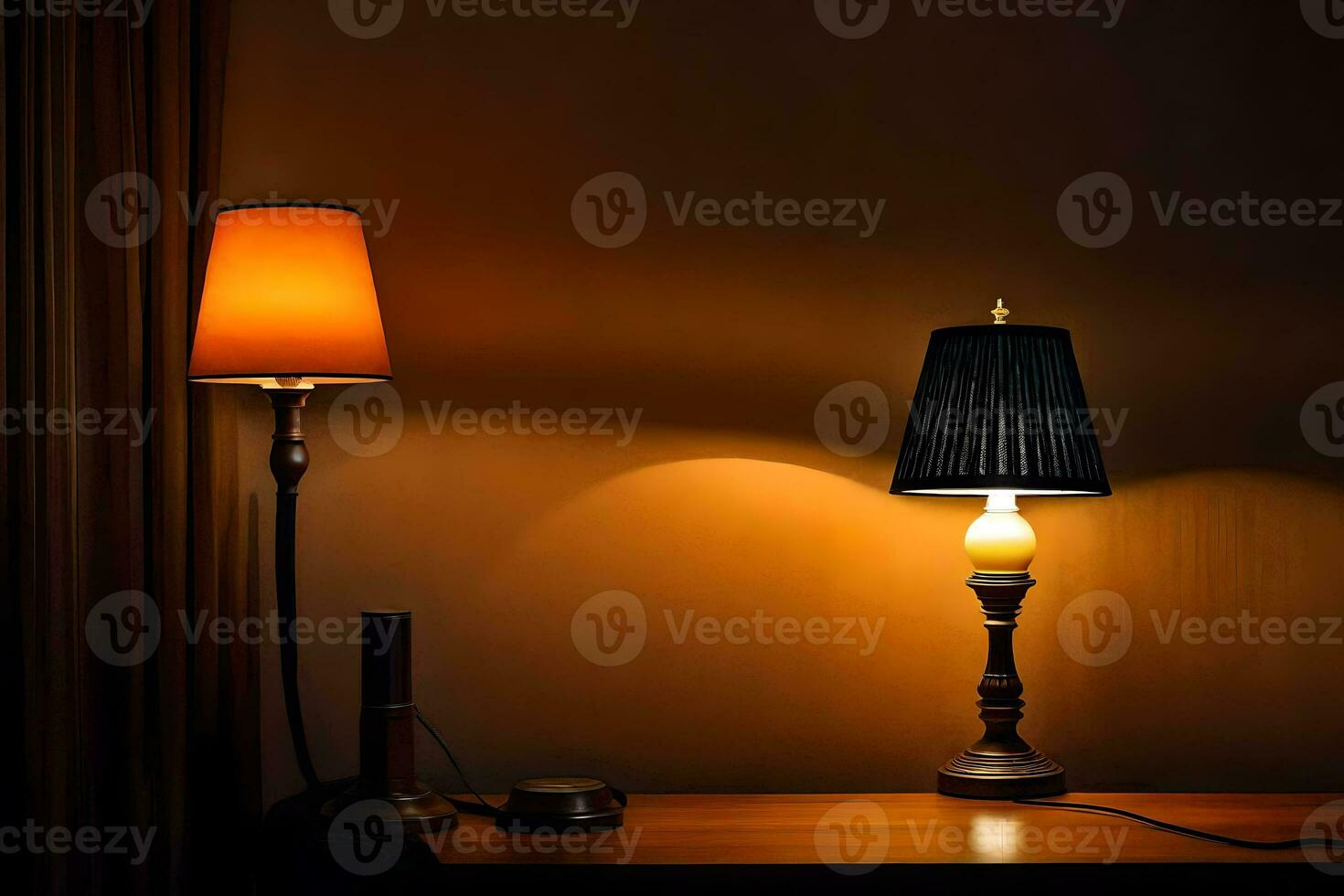 twee lampen zitten Aan een tafel De volgende naar een lamp. ai-gegenereerd foto