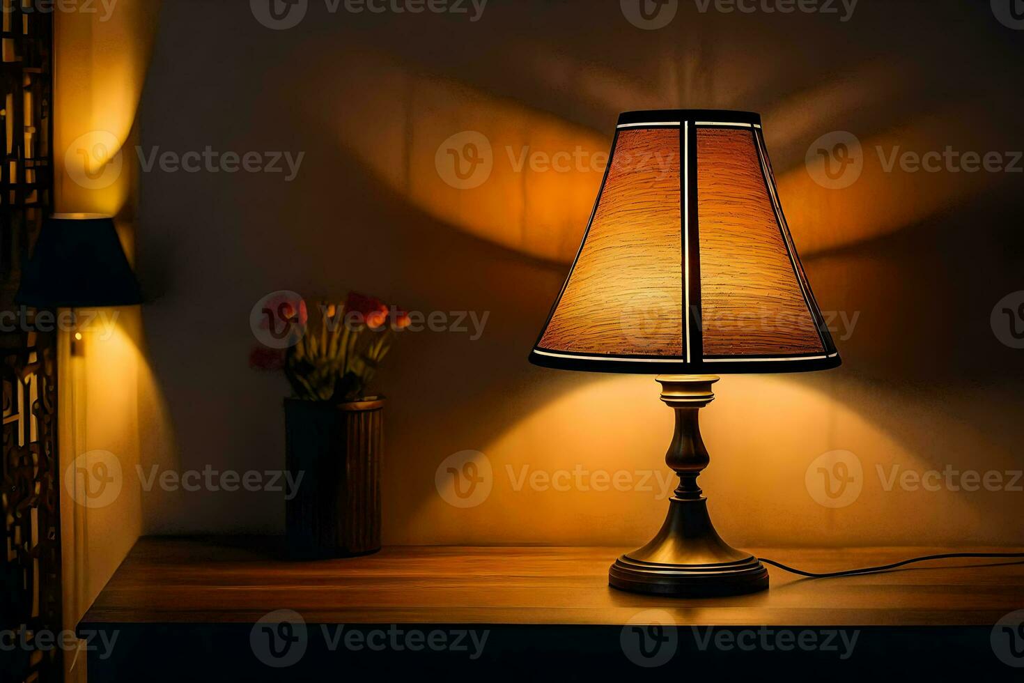 een lamp Aan een tafel in een donker kamer. ai-gegenereerd foto