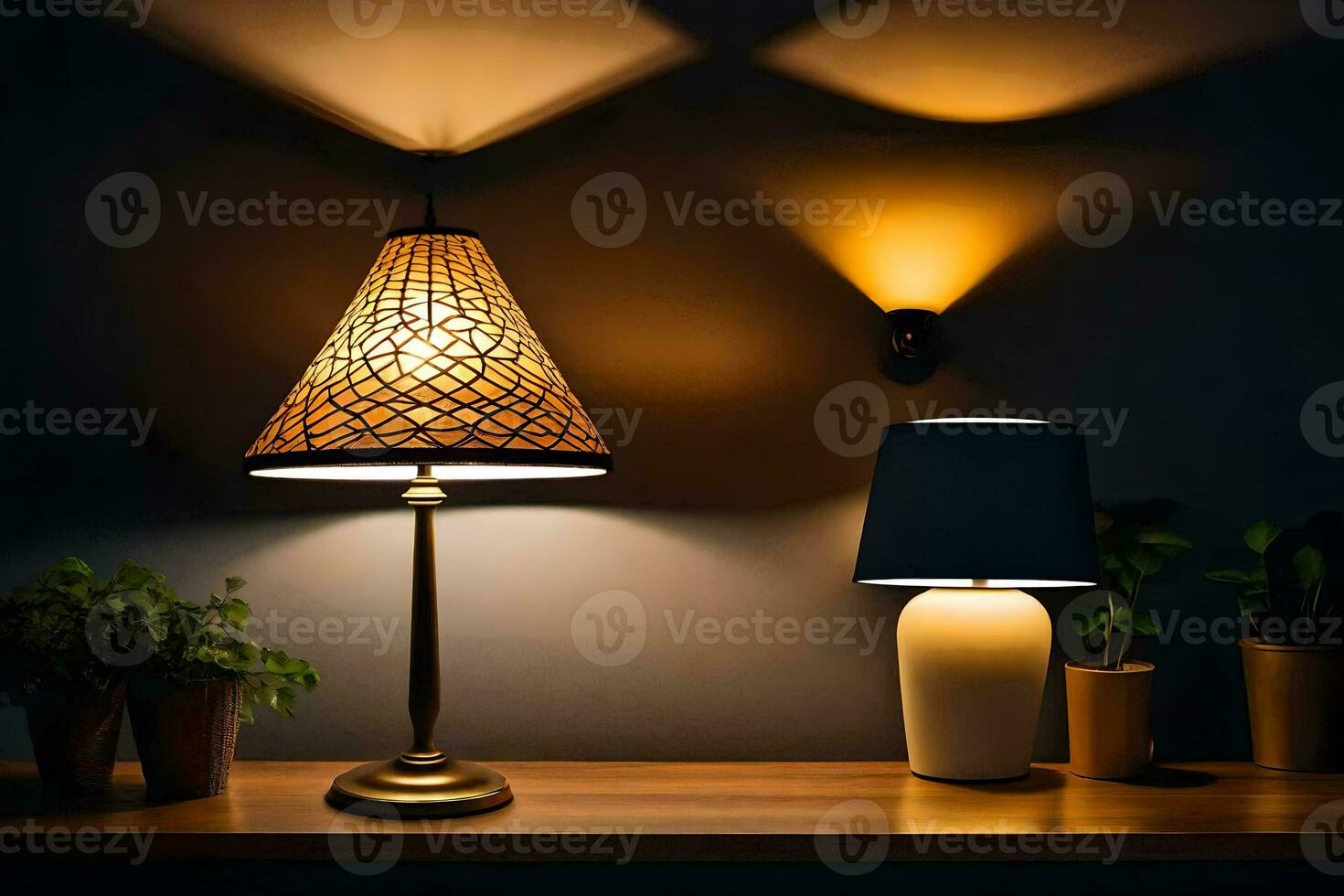 een lamp Aan een tafel met een fabriek. ai-gegenereerd foto