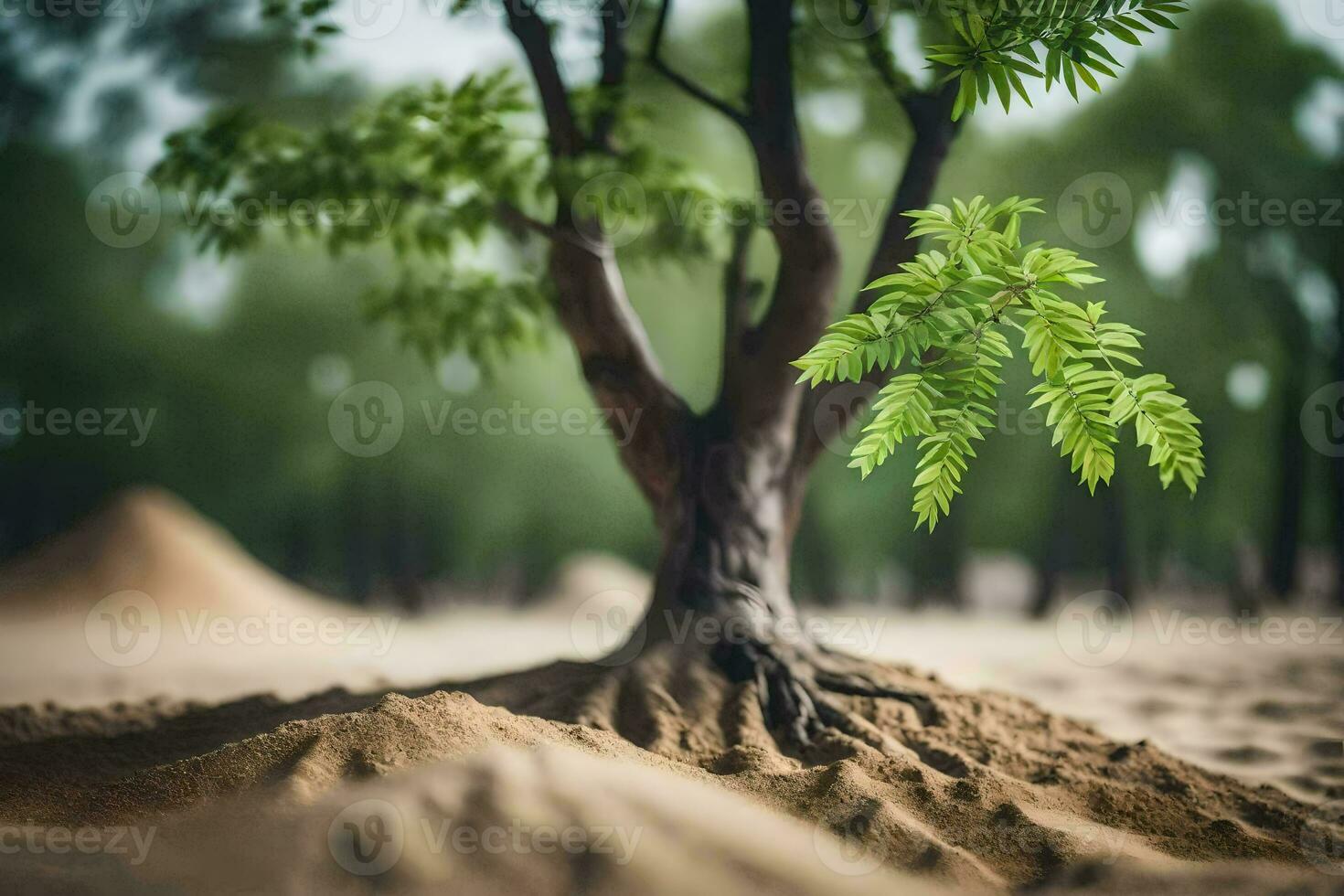 een boom groeit uit van de zand in de midden- van een veld. ai-gegenereerd foto