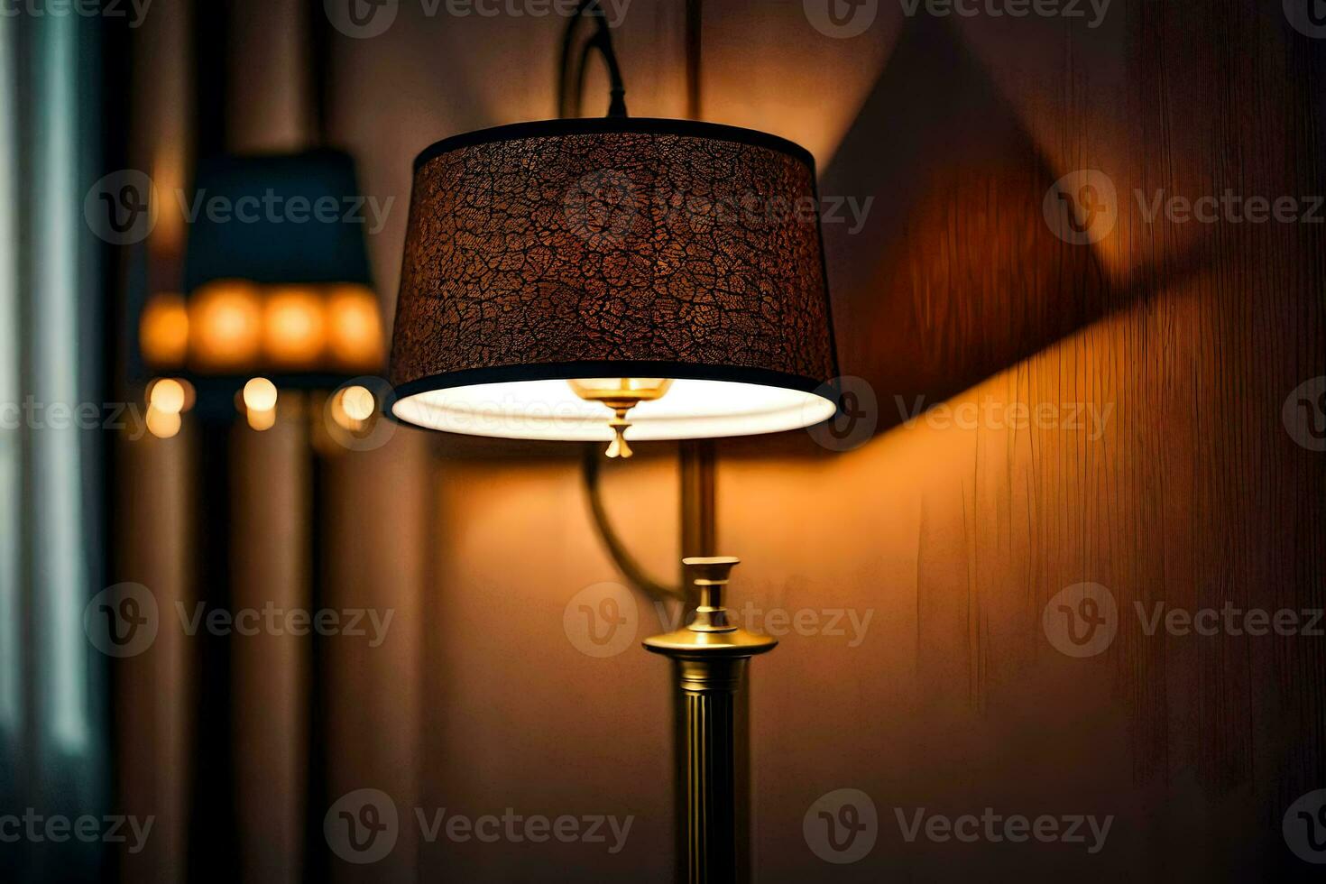 een lamp is Aan een muur in een donker kamer. ai-gegenereerd foto