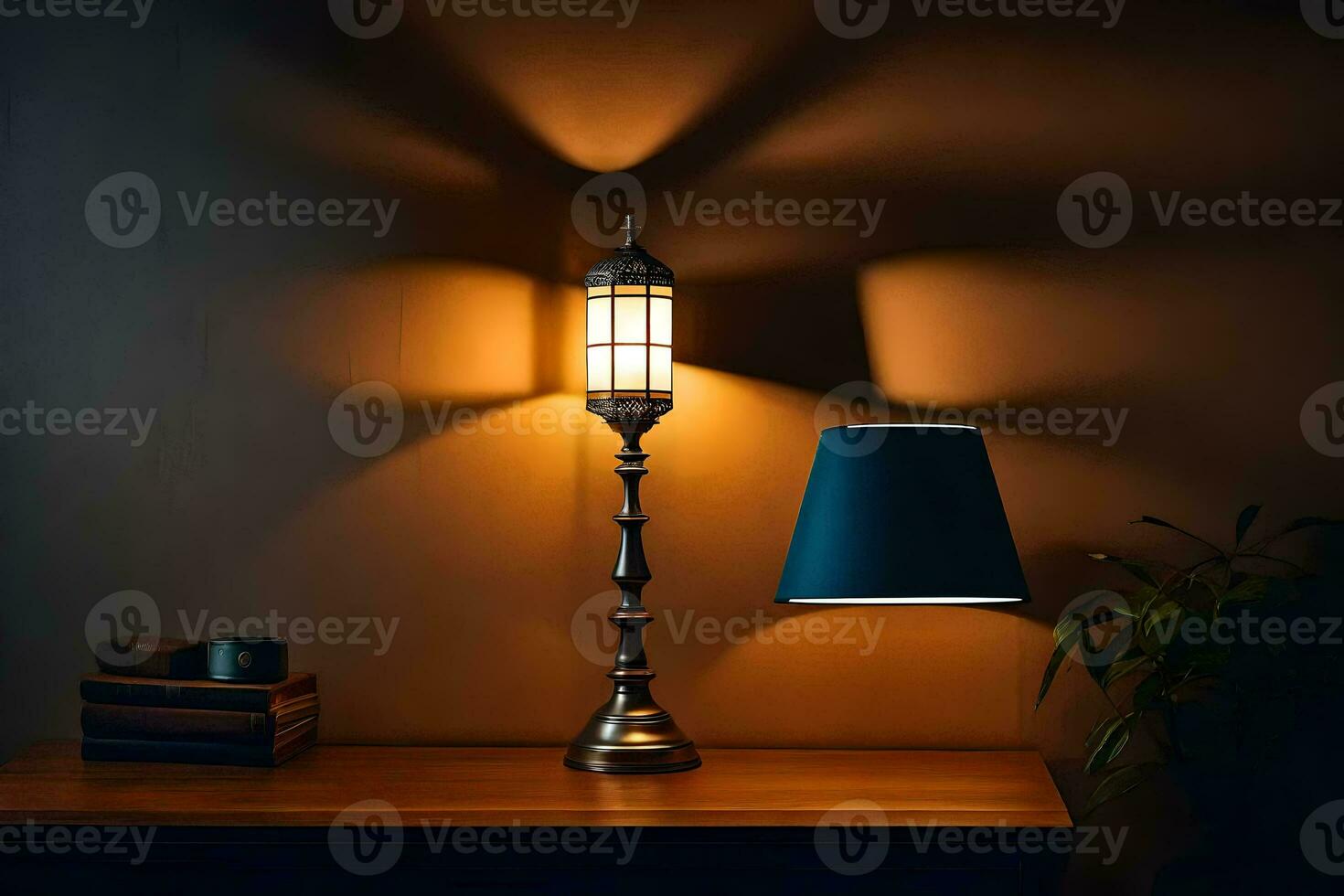 een lamp Aan een tafel De volgende naar een boek. ai-gegenereerd foto