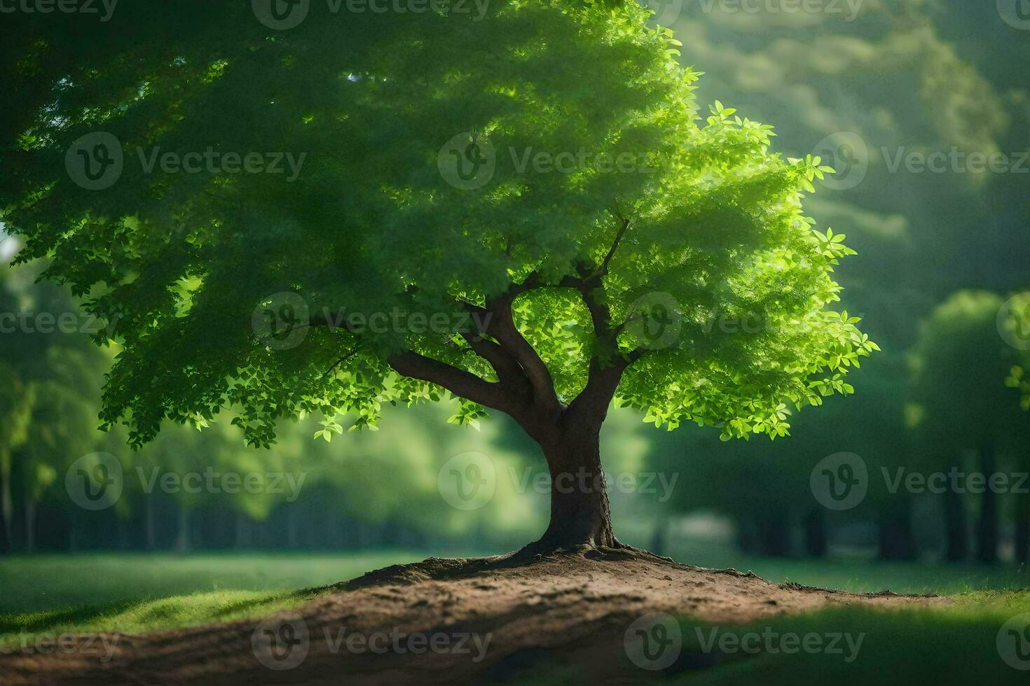 een boom is staand in de midden- van een veld. ai-gegenereerd foto