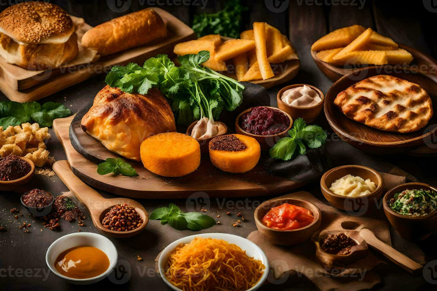 divers voedingsmiddelen Aan een houten tafel. ai-gegenereerd foto