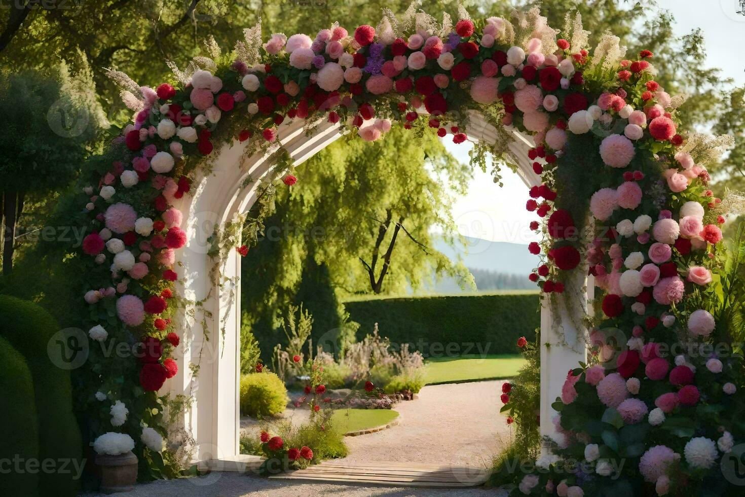 een bruiloft boog versierd met bloemen. ai-gegenereerd foto