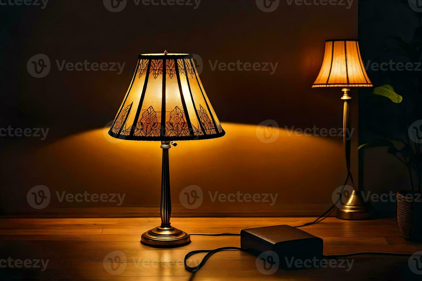 een lamp en een lamp schaduw Aan een houten vloer. ai-gegenereerd foto