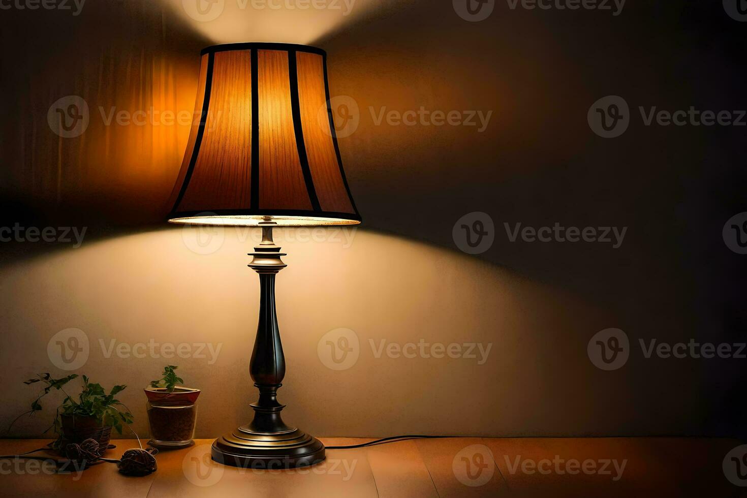 een lamp Aan een tafel in de donker. ai-gegenereerd foto