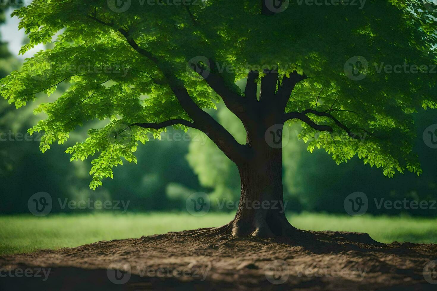 een boom is staand in de midden- van een veld. ai-gegenereerd foto