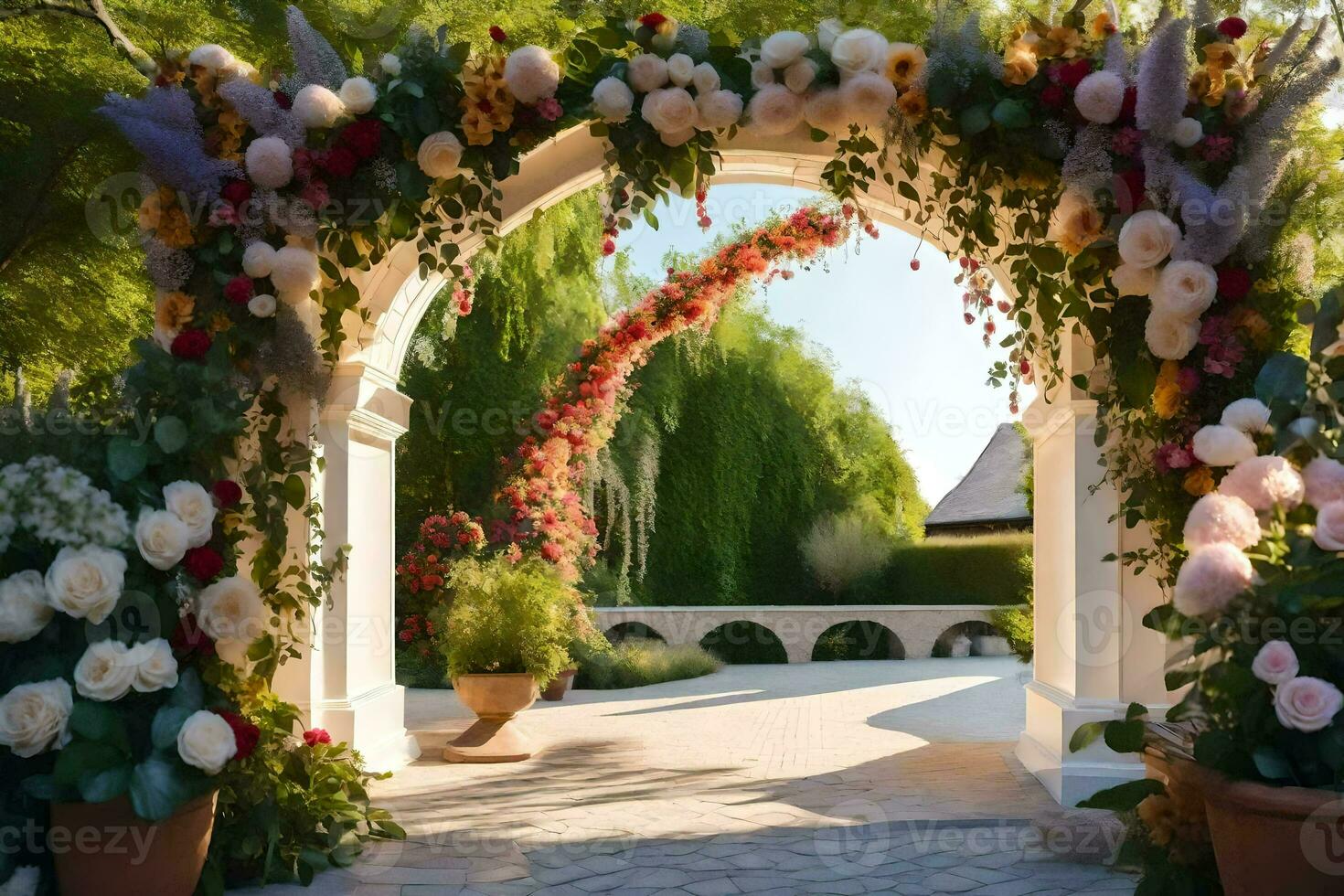 een bruiloft boog versierd met bloemen en groen. ai-gegenereerd foto