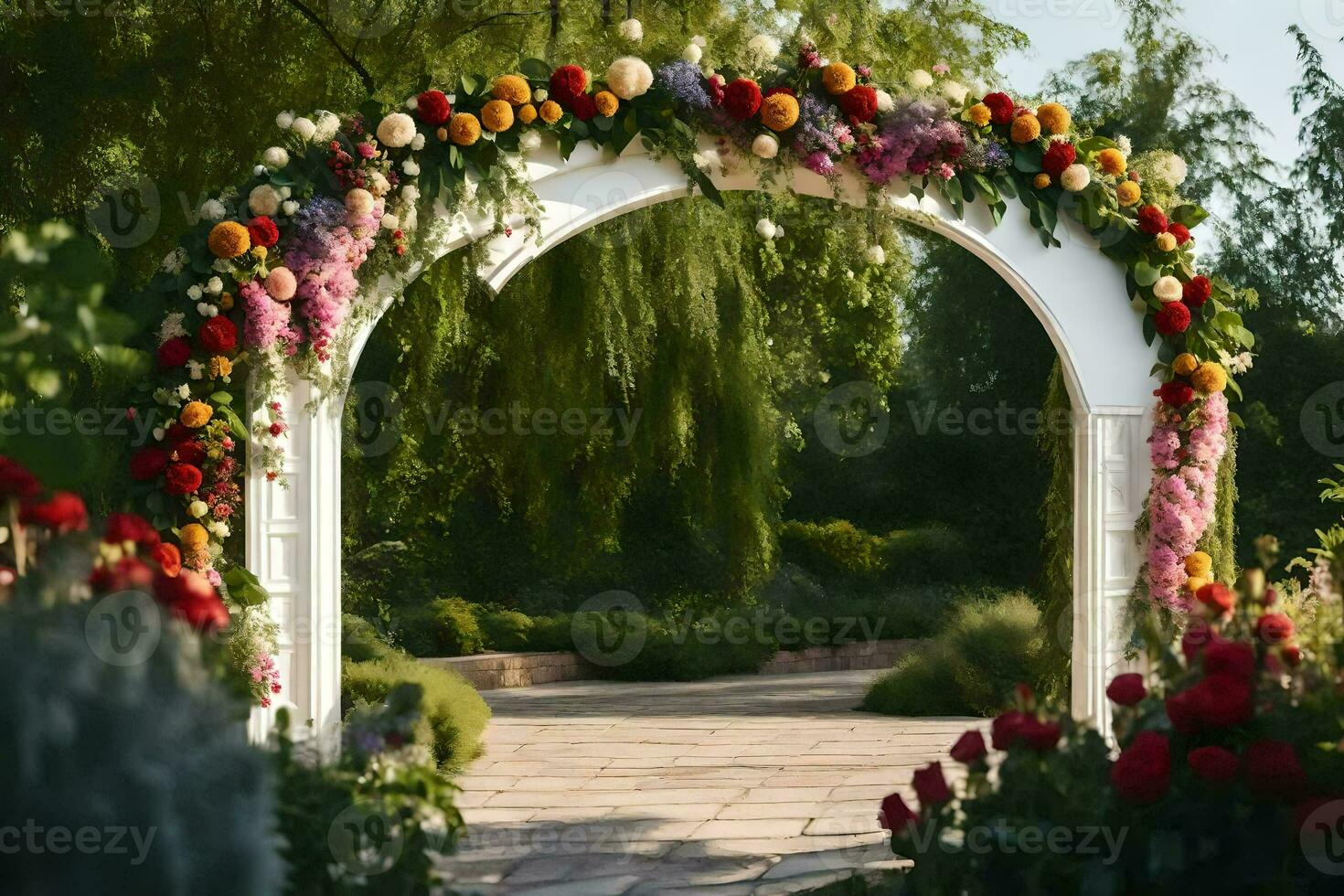 een bruiloft boog versierd met bloemen en groen. ai-gegenereerd foto