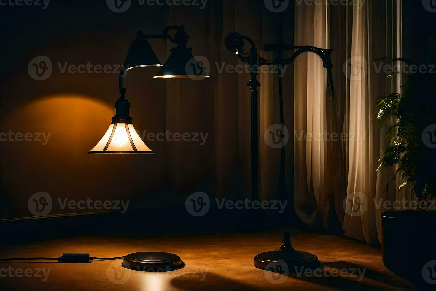 een lamp en een lamp schaduw zijn Aan een tafel. ai-gegenereerd foto