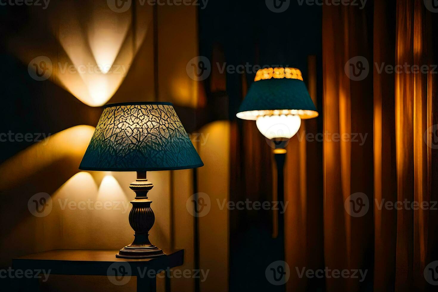 een lamp Aan een tafel in voorkant van een gordijn. ai-gegenereerd foto