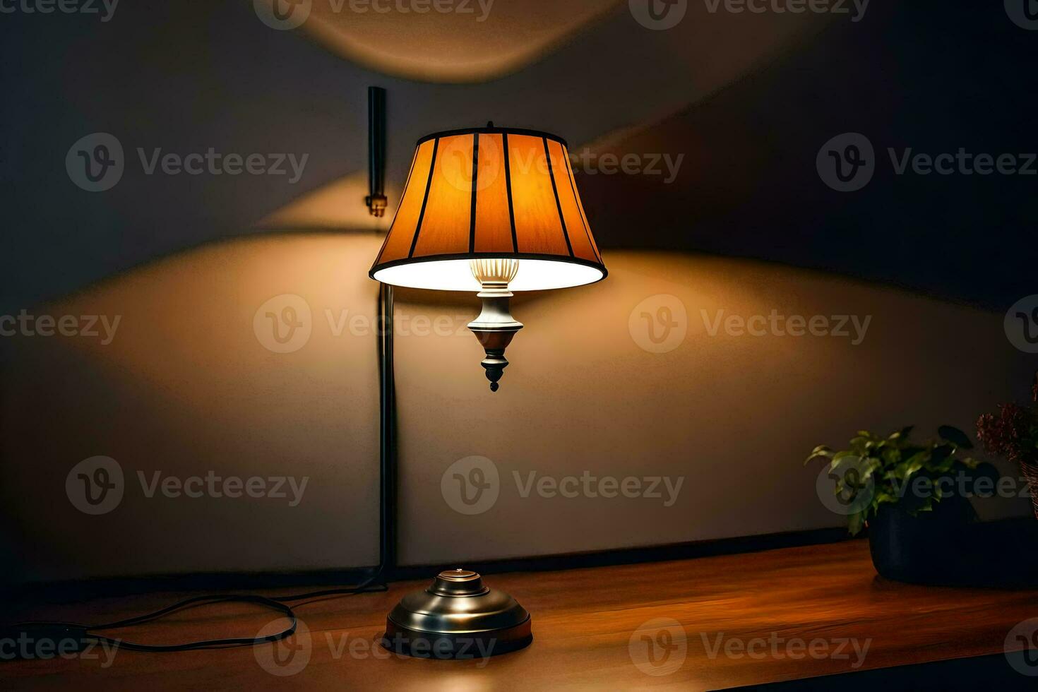 een lamp Aan een tafel in de donker. ai-gegenereerd foto