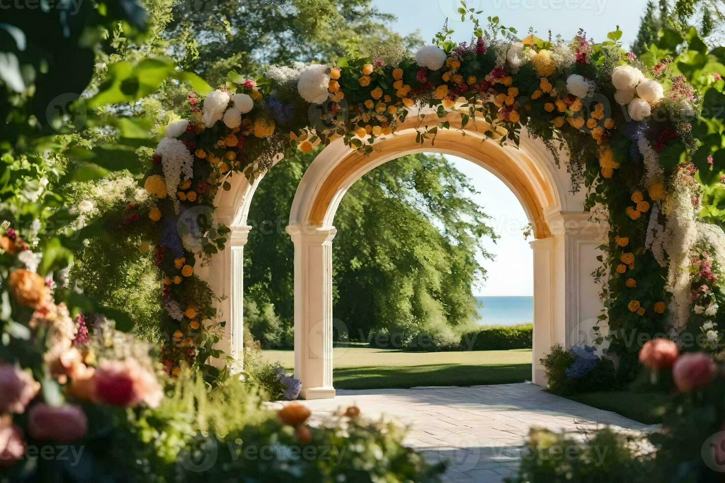 een boog met bloemen en groen in voorkant van de oceaan. ai-gegenereerd foto