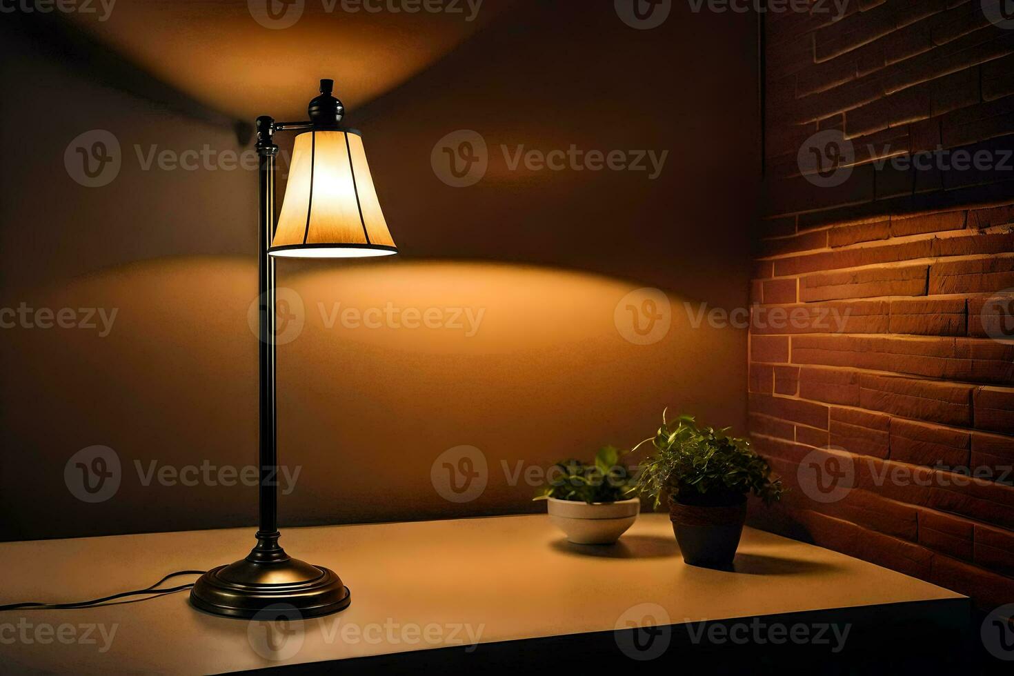 een lamp Aan een tafel in voorkant van een steen muur. ai-gegenereerd foto