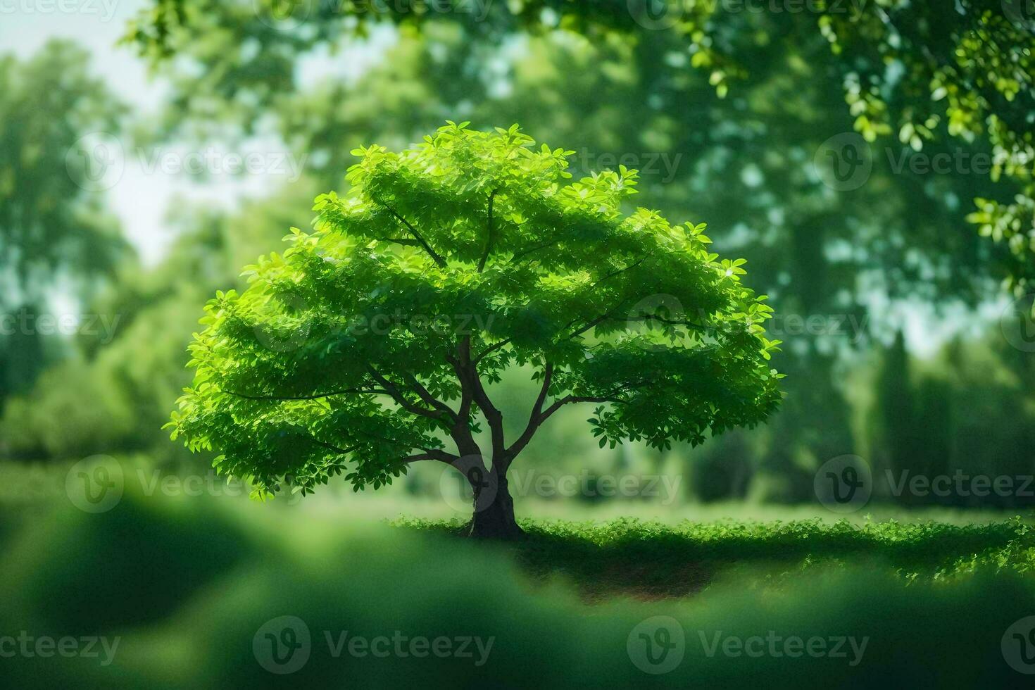 een boom in de midden- van een groen veld. ai-gegenereerd foto
