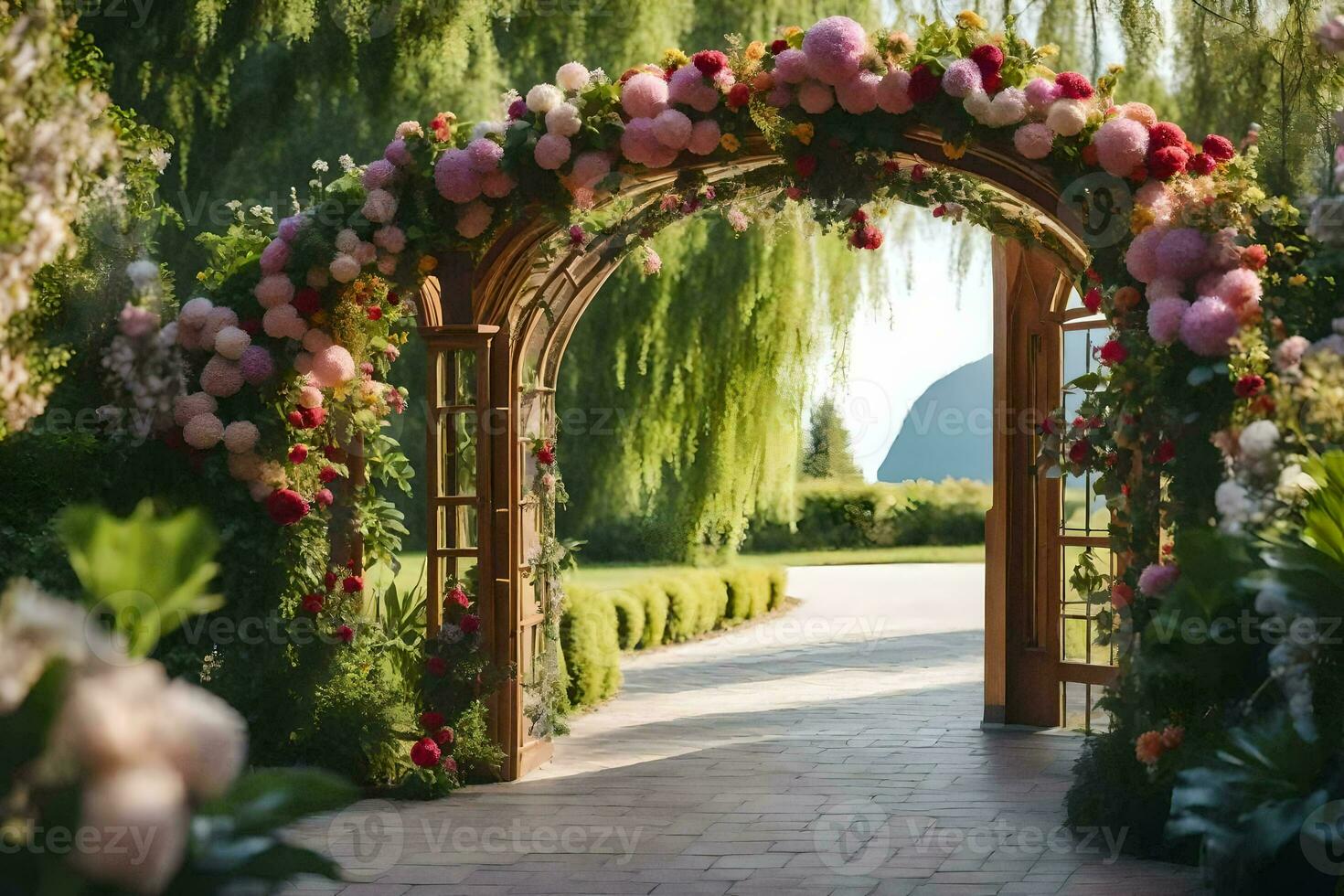 een bruiloft boog met bloemen en groen. ai-gegenereerd foto