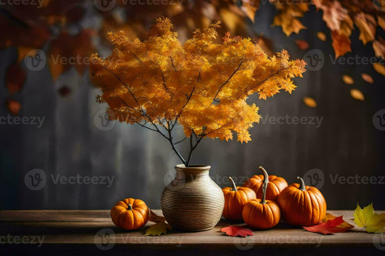herfst bladeren en pompoenen in een vaas Aan een tafel. ai-gegenereerd foto
