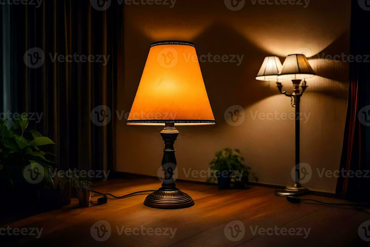 een lamp is Aan een tafel in een donker kamer. ai-gegenereerd foto