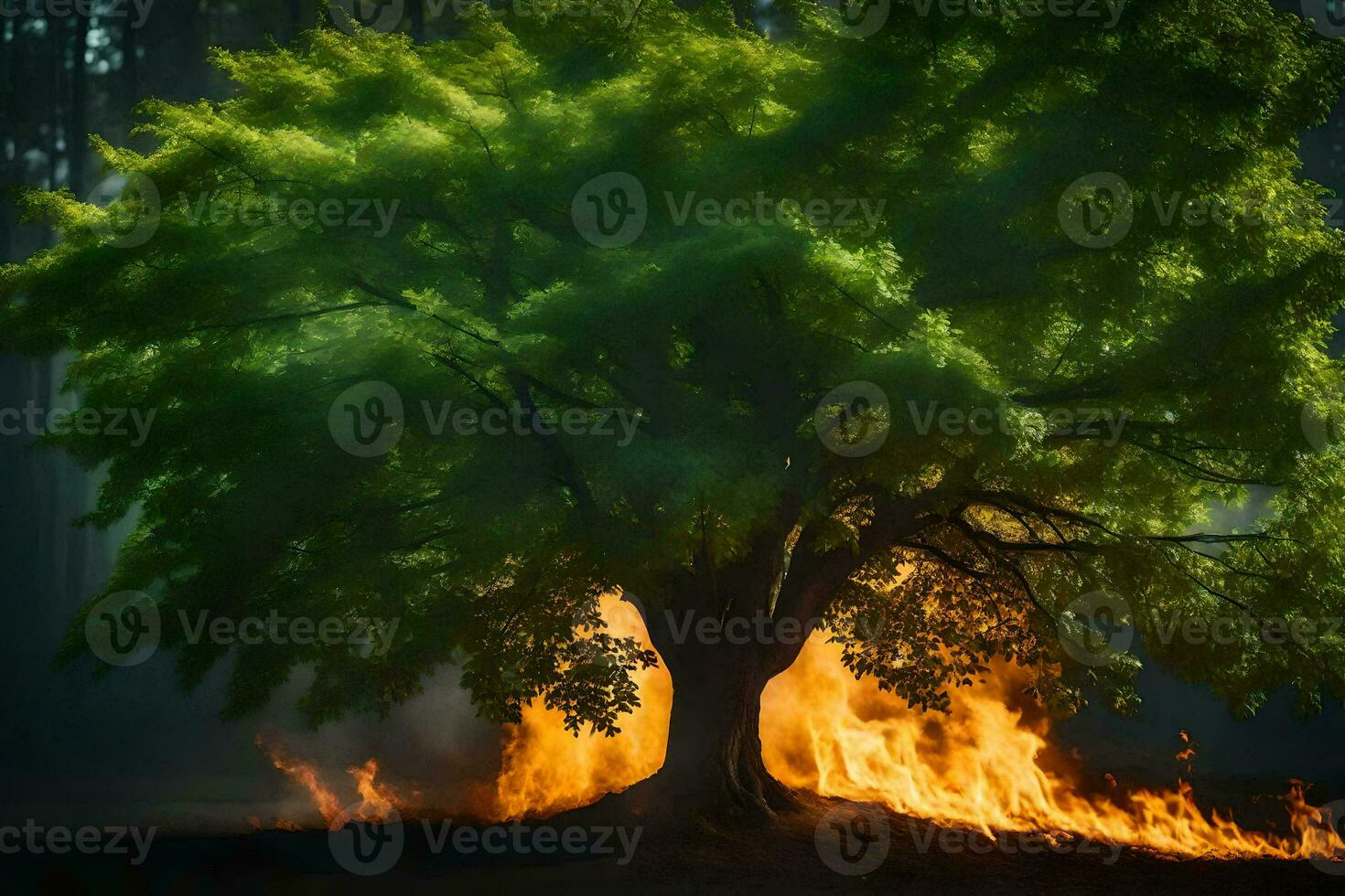 een boom met vlammen komt eraan uit van het in de midden- van de Woud. ai-gegenereerd foto