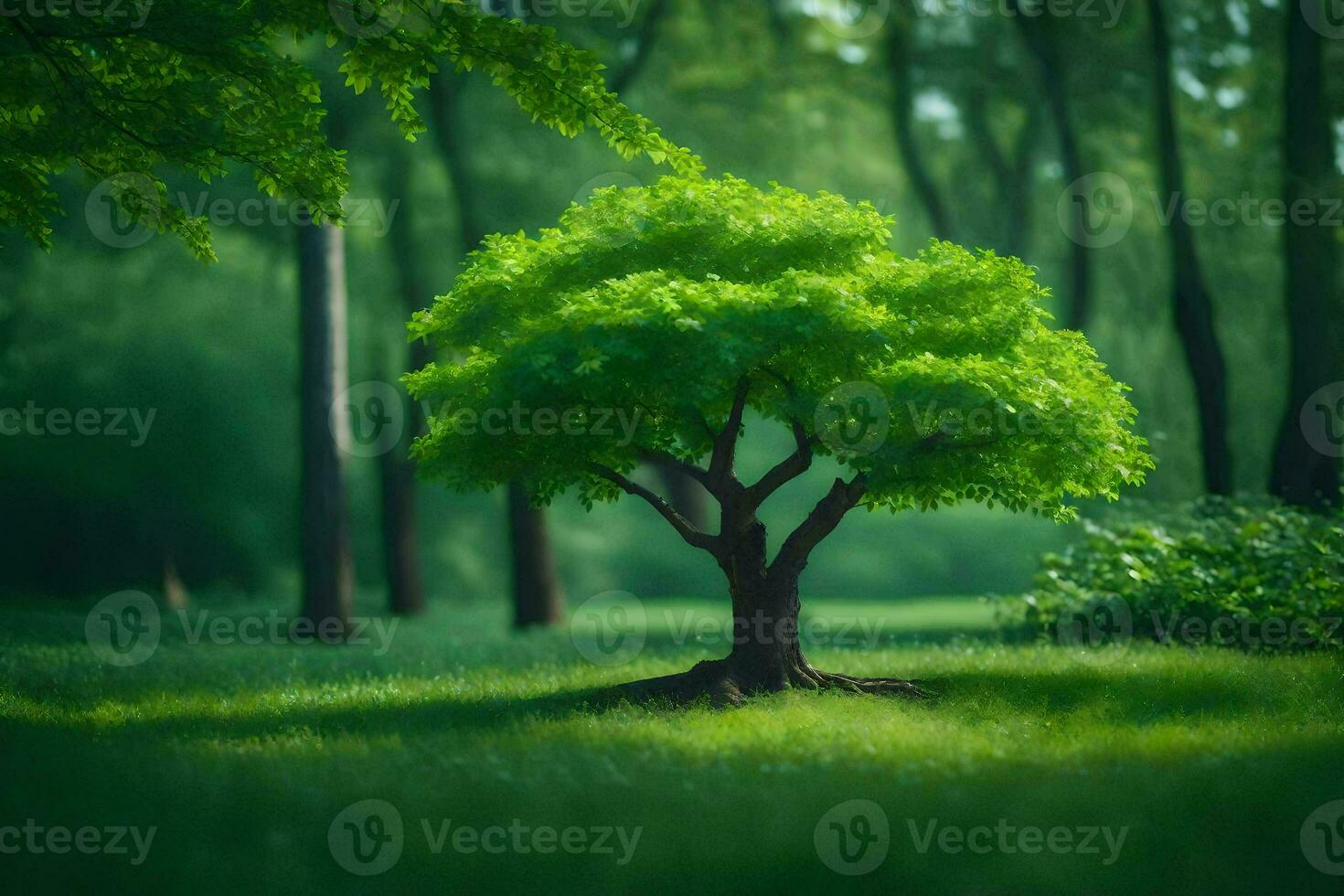 een boom in de midden- van een groen veld. ai-gegenereerd foto