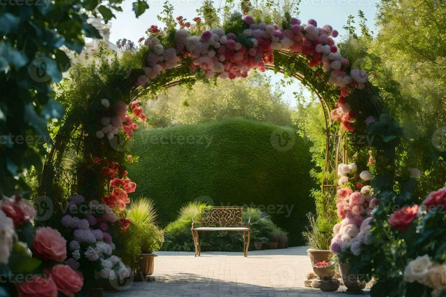 een bank is omringd door bloemen in een tuin. ai-gegenereerd foto