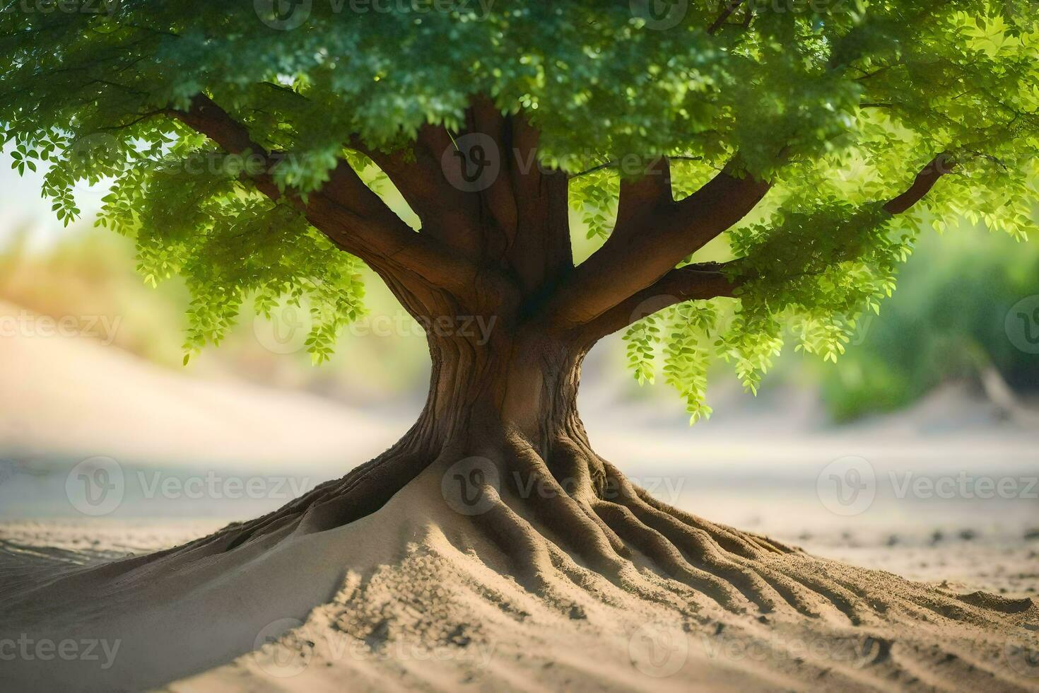een boom met wortels groeit uit van de zand. ai-gegenereerd foto