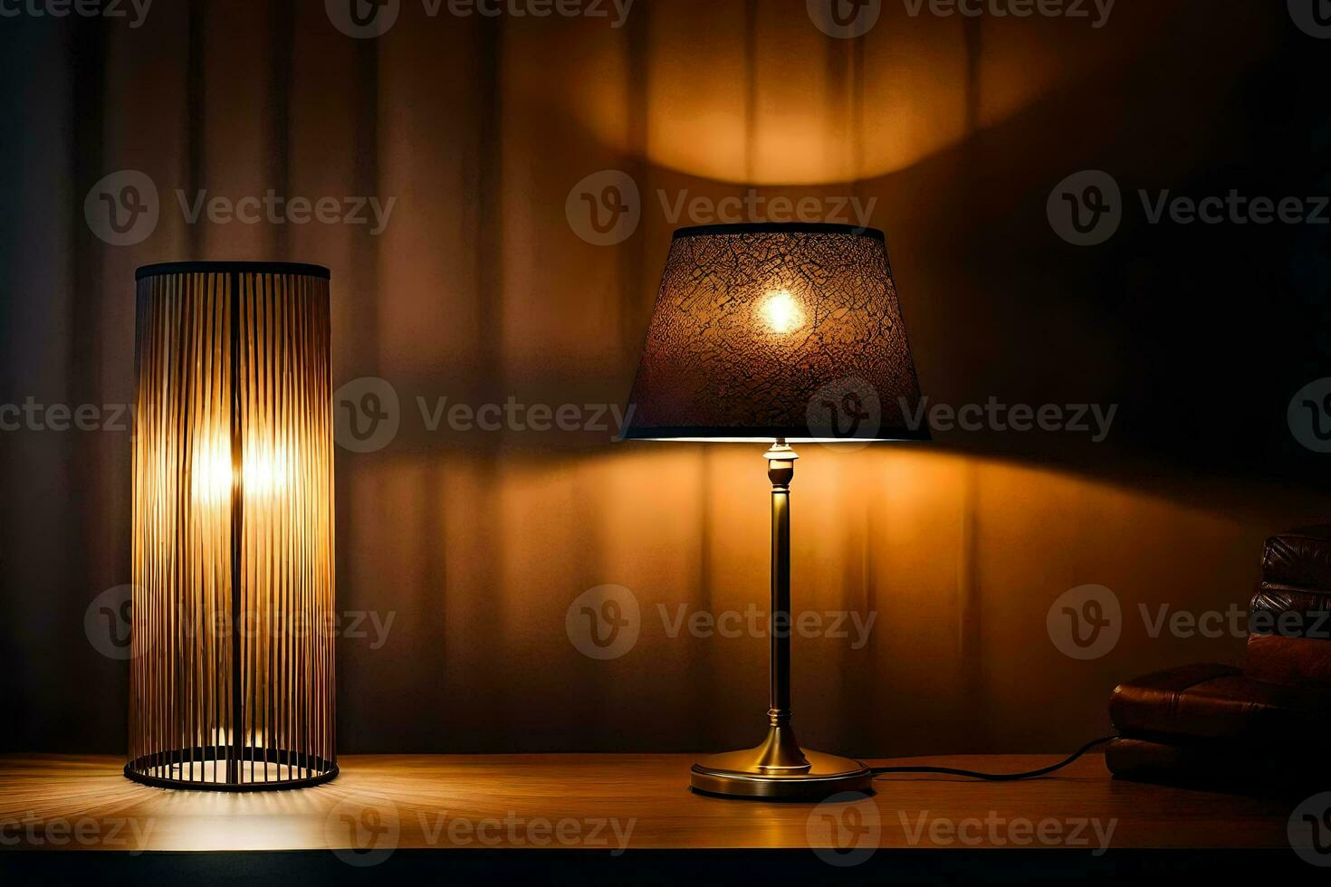 twee lampen Aan een tafel in voorkant van een lamp. ai-gegenereerd foto