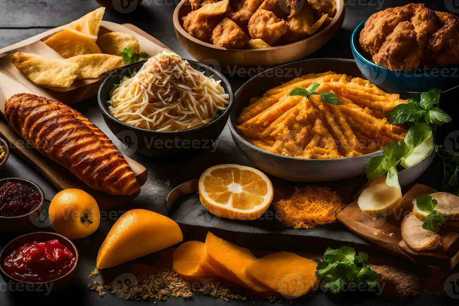divers types van voedsel Aan een tafel. ai-gegenereerd foto