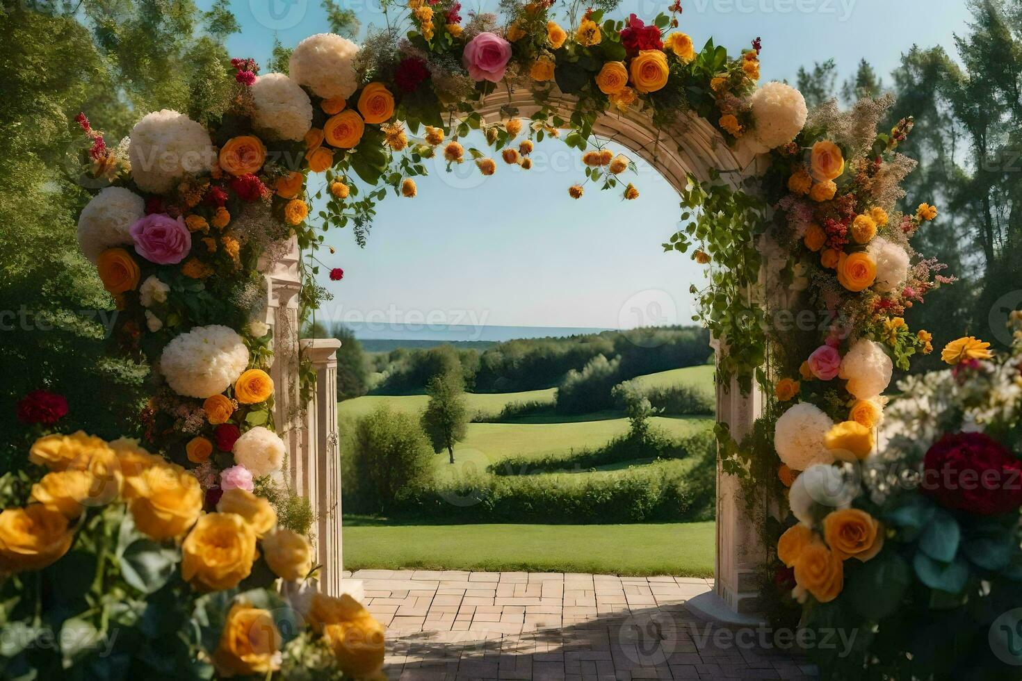 een boog met bloemen en een visie van de oceaan. ai-gegenereerd foto