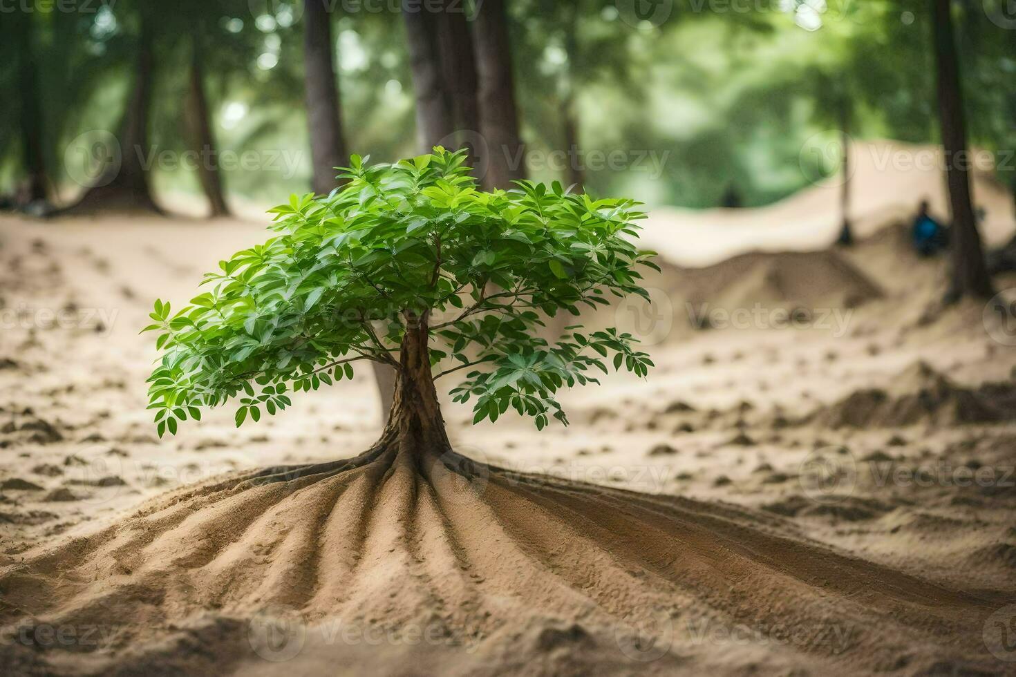 een boom groeit uit van de zand in de midden- van een Woud. ai-gegenereerd foto