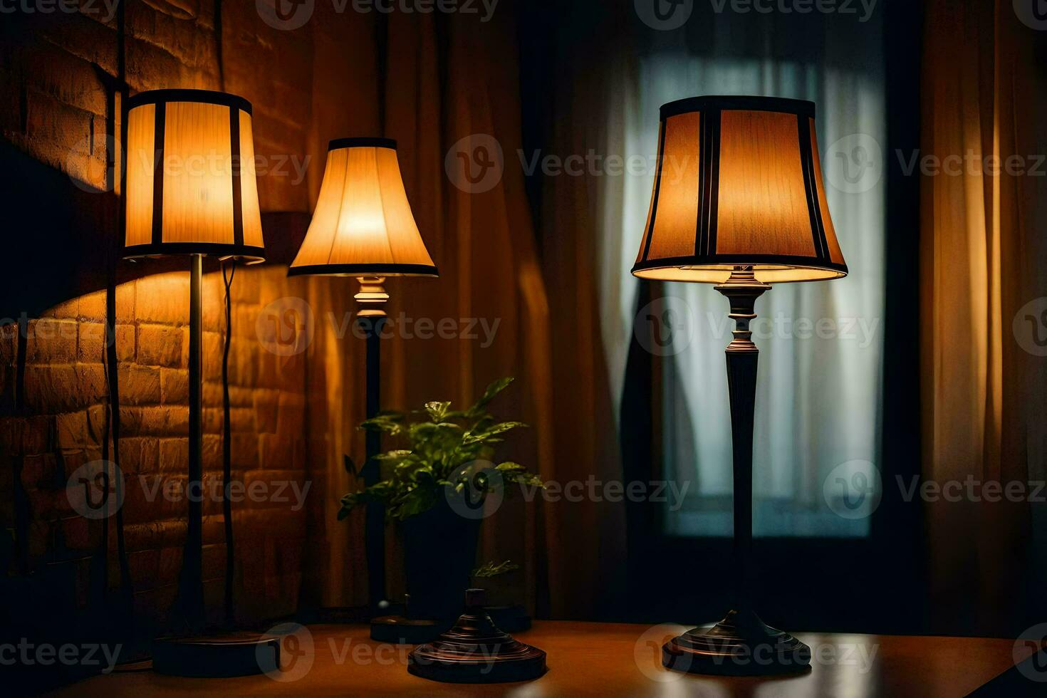 drie lampen zitten Aan een tafel in voorkant van een venster. ai-gegenereerd foto