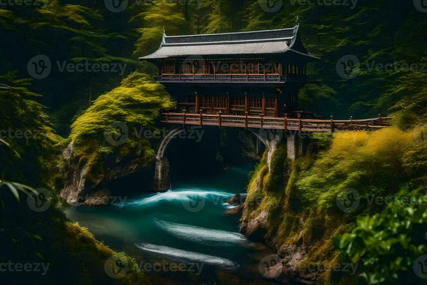 een Japans tempel in de midden- van een rivier. ai-gegenereerd foto