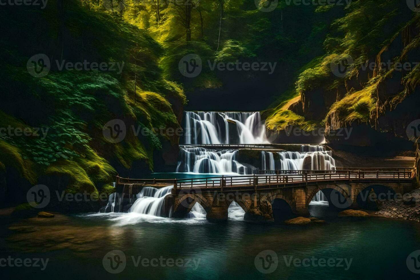 een brug over- een waterval in de bossen. ai-gegenereerd foto